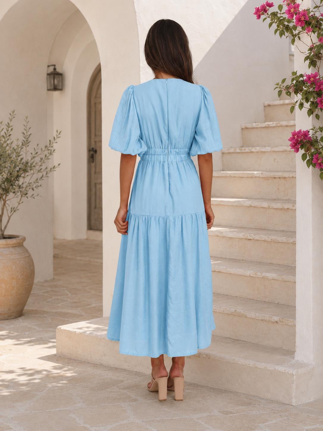 Women's Puff Sleeve Maxi Dress, V Neck Summer Dress, Elegant Tiered Dress, Mediterranean Vacation Dress, Beach Resort Wear, Boho Chic Dress