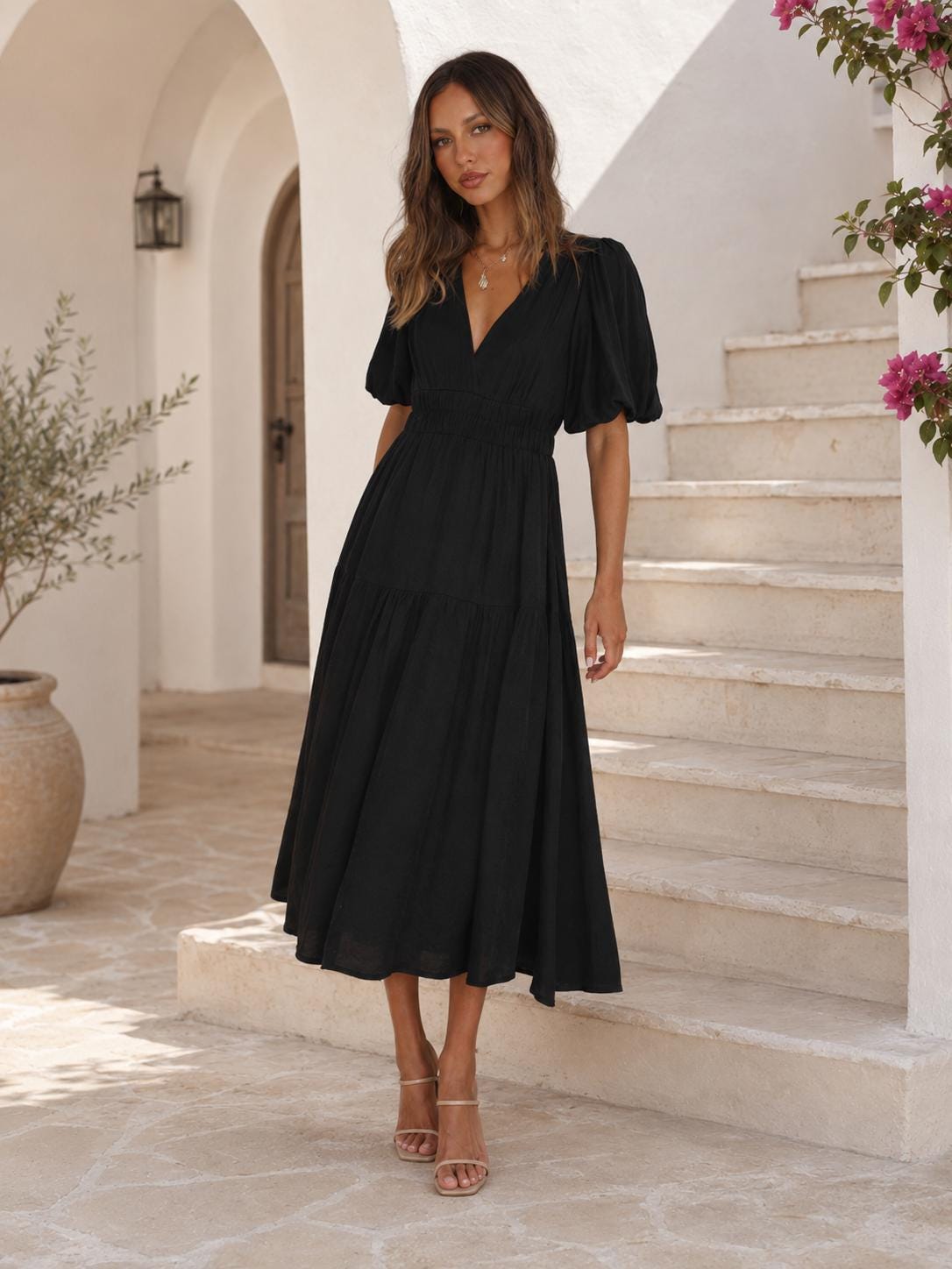 Women's Puff Sleeve Maxi Dress, V Neck Summer Dress, Elegant Tiered Dress, Mediterranean Vacation Dress, Beach Resort Wear, Boho Chic Dress