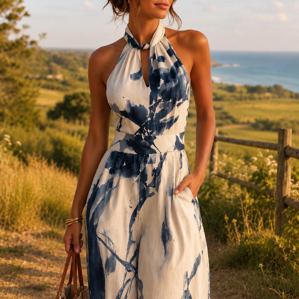 Elegant Halter Jumpsuit for Women Wide Leg Resort Outfit Summer Vacation Romper Flowy Evening Holiday Wedding Guest Wear Boho Chic Outfit