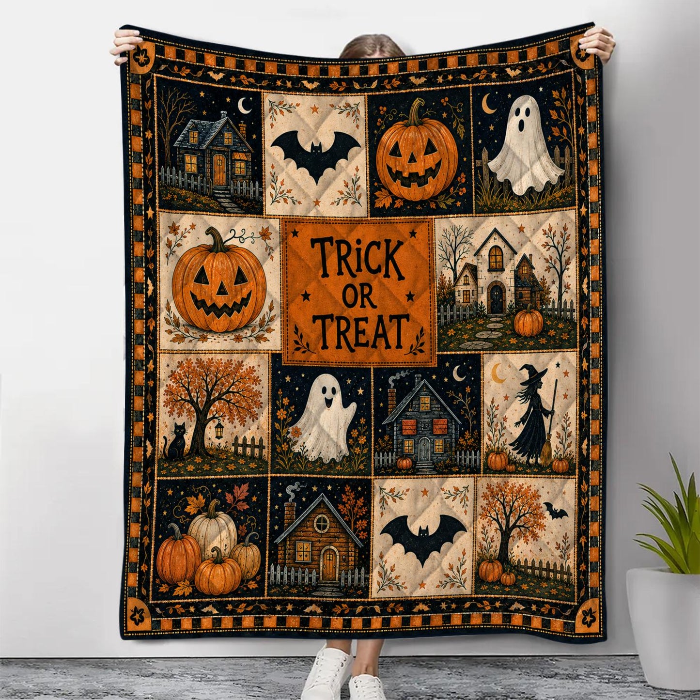 Halloween Quilt Blanket, Cute Ghost Pumpkin Throw Trick or Treat Rustic Autumn Patchwork Decor Spooky Season Witchy Gift for Black Cat Lover