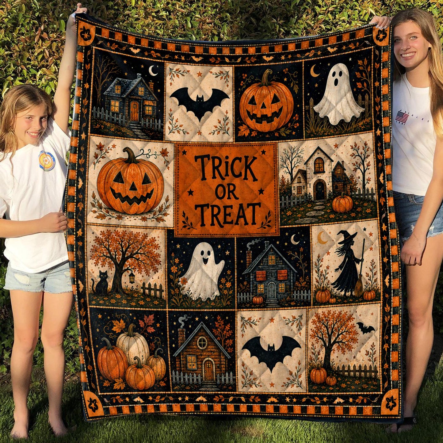 Halloween Quilt Blanket, Cute Ghost Pumpkin Throw Trick or Treat Rustic Autumn Patchwork Decor Spooky Season Witchy Gift for Black Cat Lover