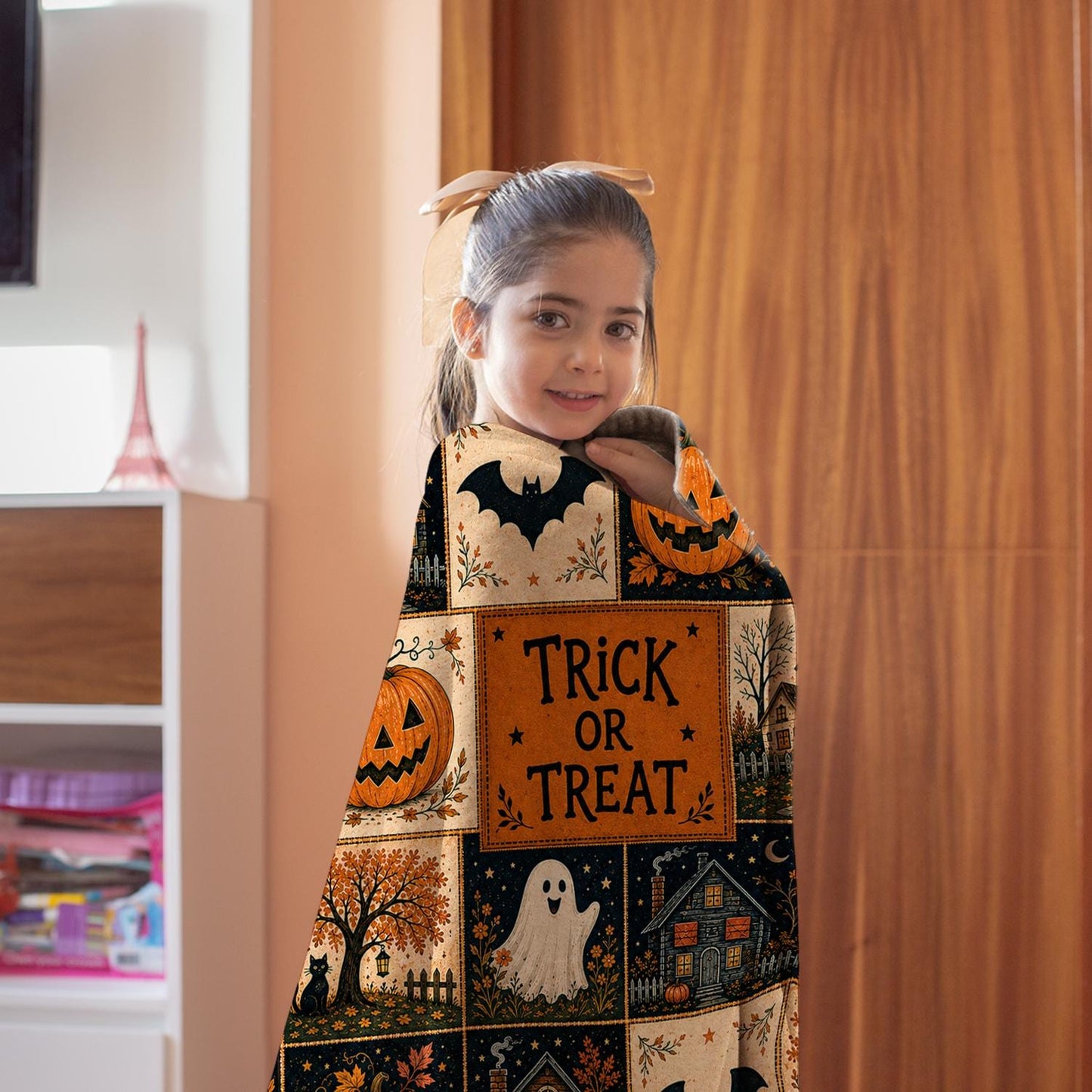 Halloween Quilt Blanket, Cute Ghost Pumpkin Throw Trick or Treat Rustic Autumn Patchwork Decor Spooky Season Witchy Gift for Black Cat Lover