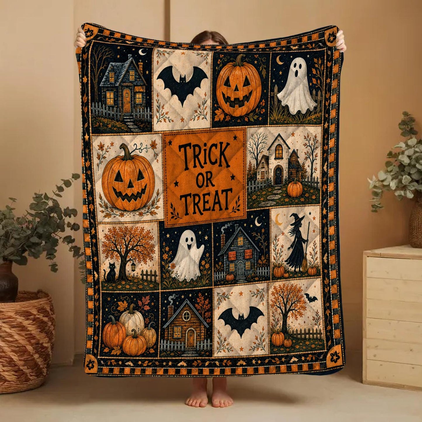 Halloween Quilt Blanket, Cute Ghost Pumpkin Throw Trick or Treat Rustic Autumn Patchwork Decor Spooky Season Witchy Gift for Black Cat Lover