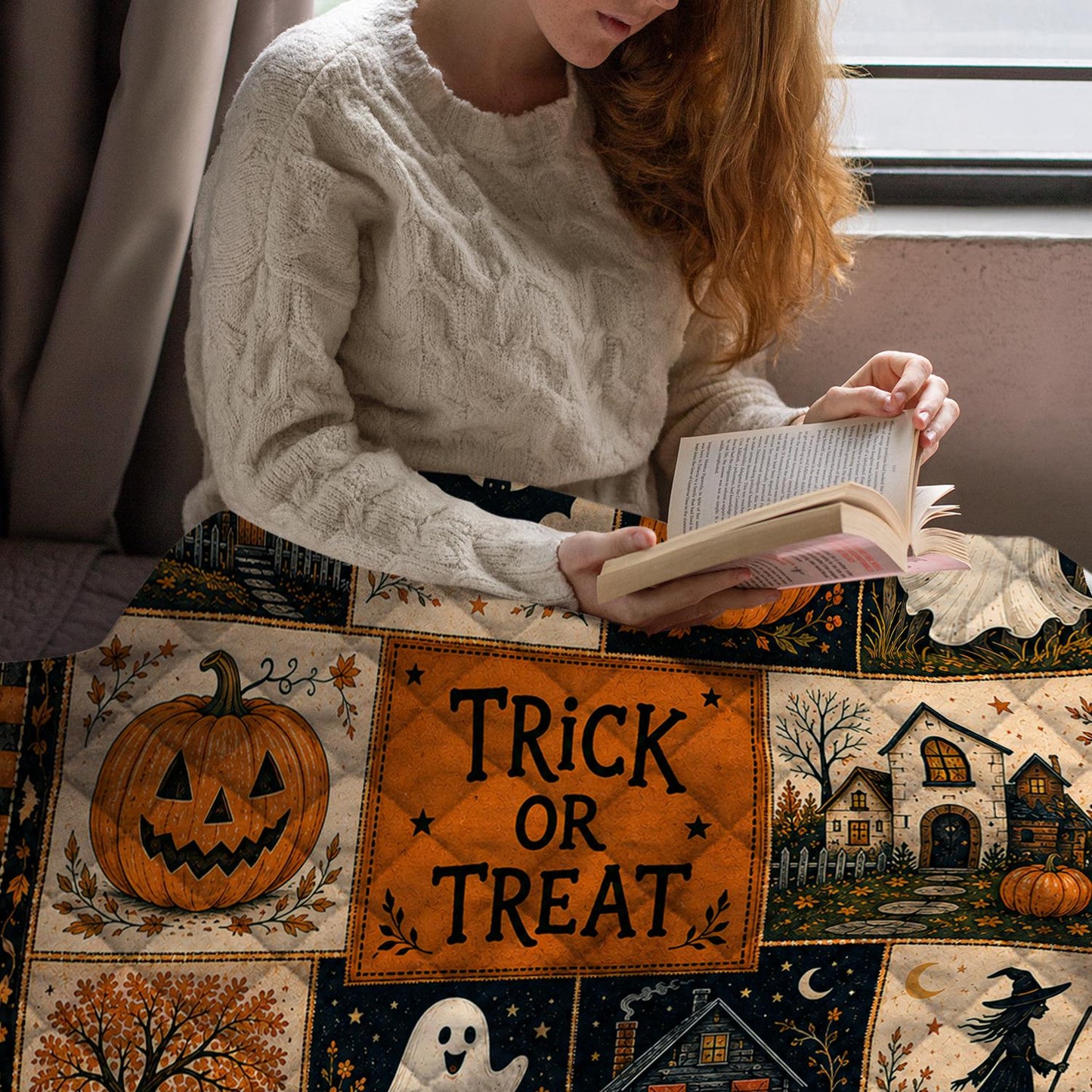 Halloween Quilt Blanket, Cute Ghost Pumpkin Throw Trick or Treat Rustic Autumn Patchwork Decor Spooky Season Witchy Gift for Black Cat Lover
