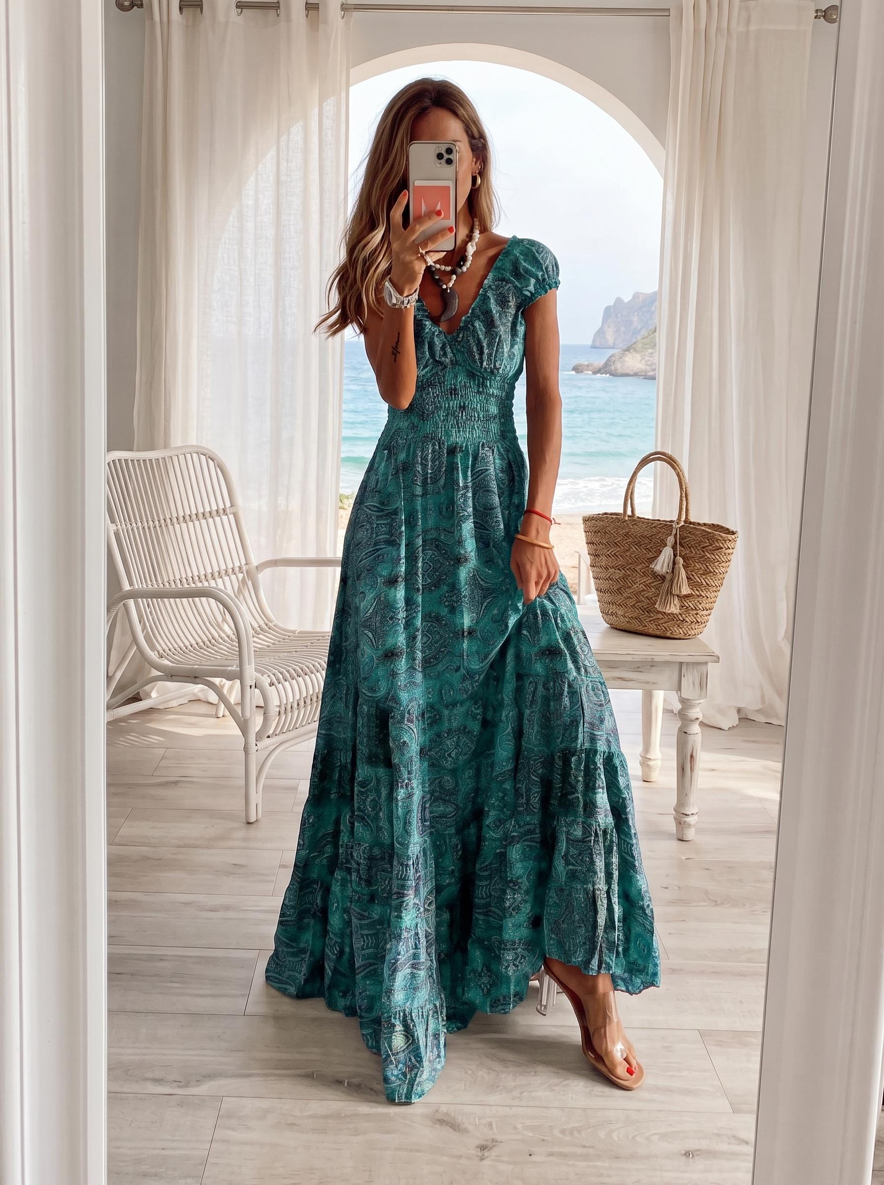 Boho Floral Maxi Dress, V Neck Summer Dress, Flowy High Waist Dress, Plus Size Bohemian Dress, Cottagecore Vacation Outfit