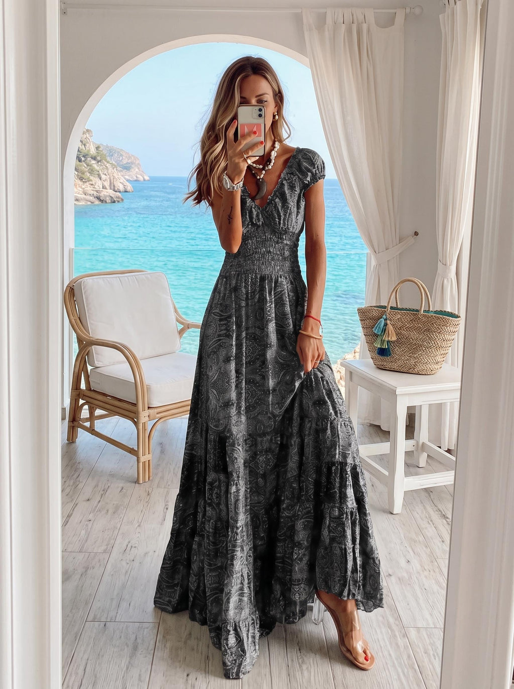 Boho Floral Maxi Dress, V Neck Summer Dress, Flowy High Waist Dress, Plus Size Bohemian Dress, Cottagecore Vacation Outfit