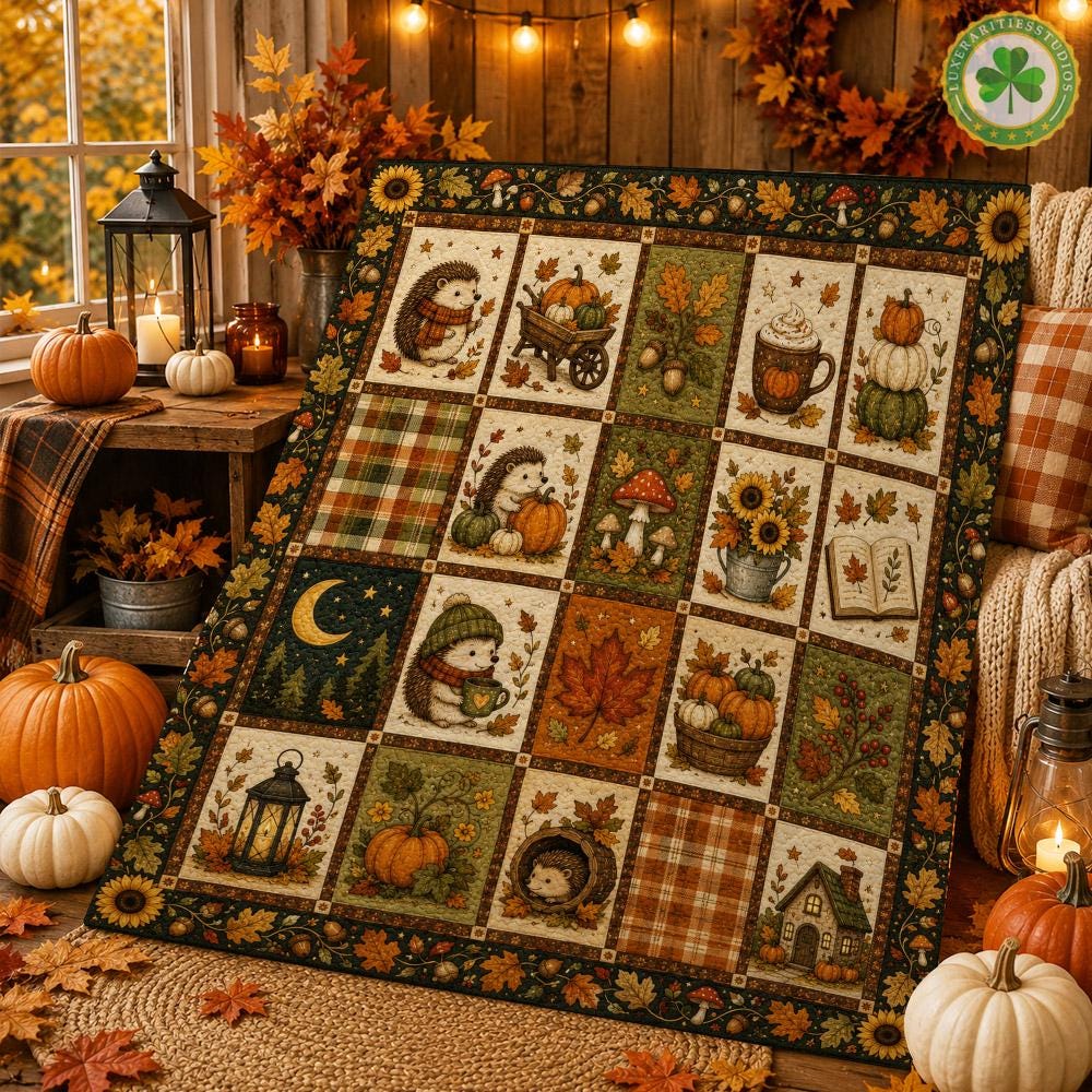 Autumn Hedgehog Quilt Blanket, Fall Pumpkin Patchwork Blanket, Cozy Woodland Cottage Bedding, Rustic Farmhouse Decor