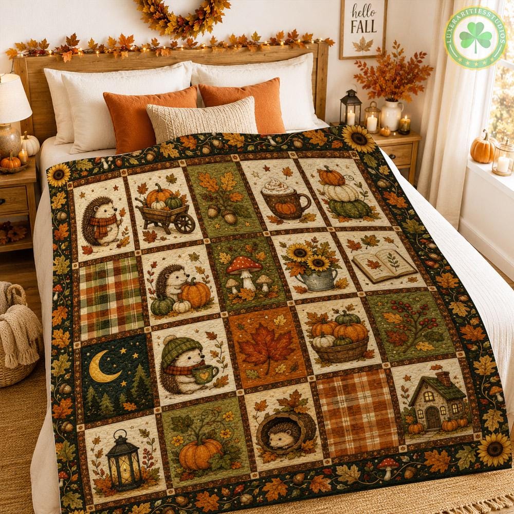 Autumn Hedgehog Quilt Blanket, Fall Pumpkin Patchwork Blanket, Cozy Woodland Cottage Bedding, Rustic Farmhouse Decor