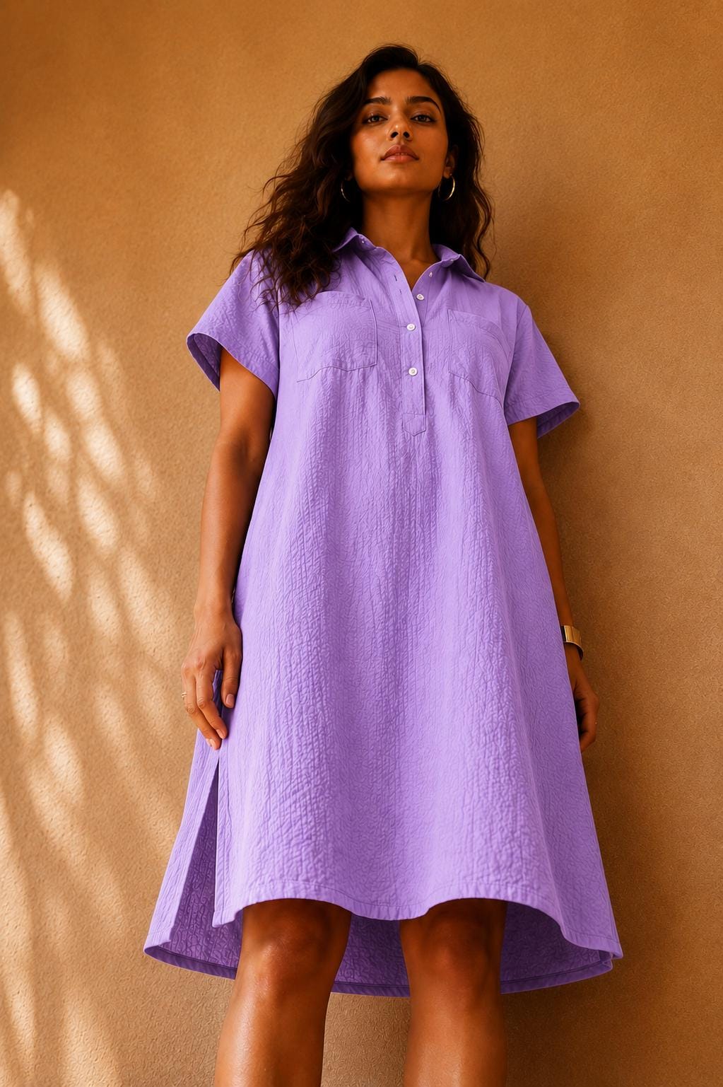 Seersucker Cotton Midi Dress | Women's Collared Shirt Dress, Summer Boho Wear