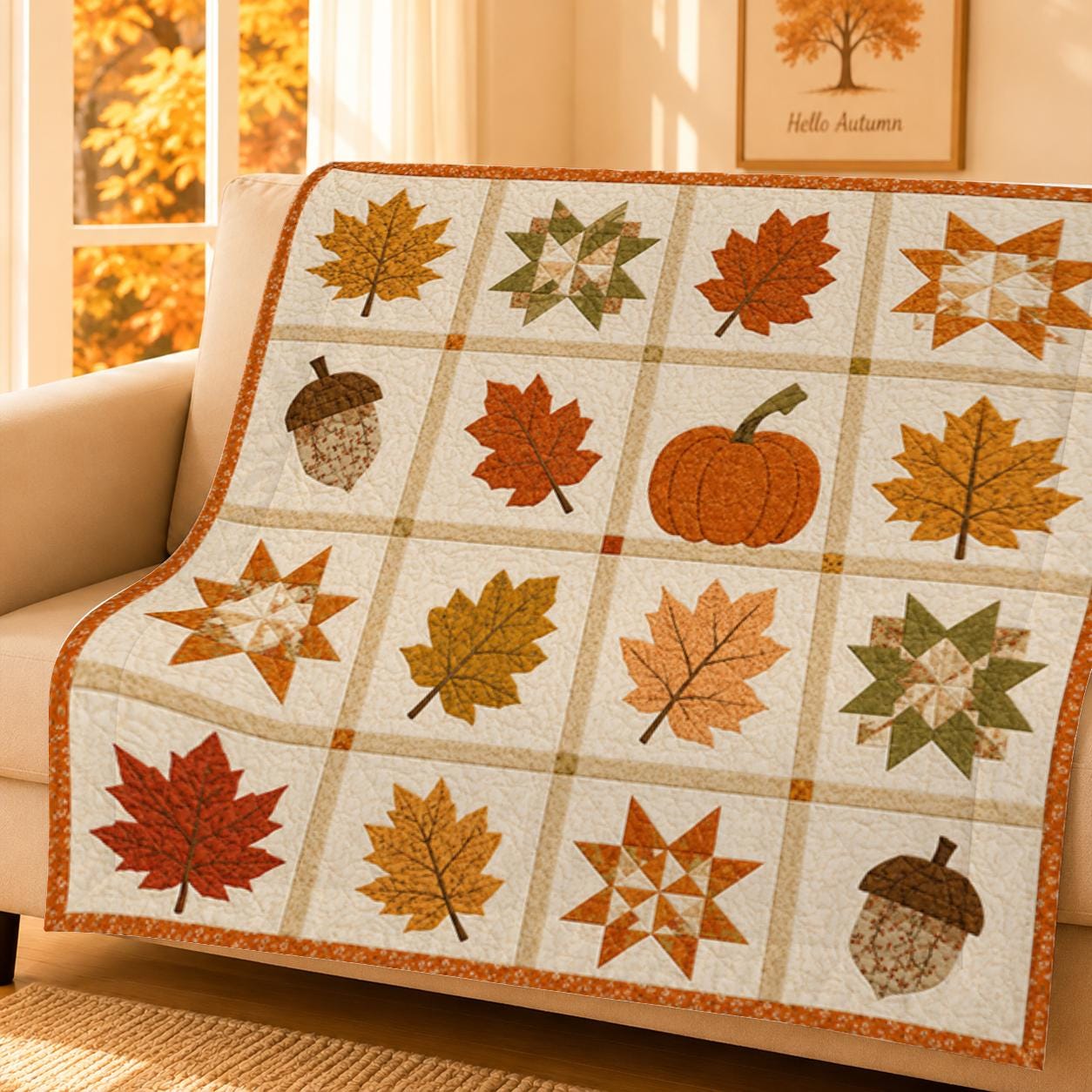 Autumn Leaf Patchwork Quilt Blanket, Cozy Seasonal Bed Cover Home Decor