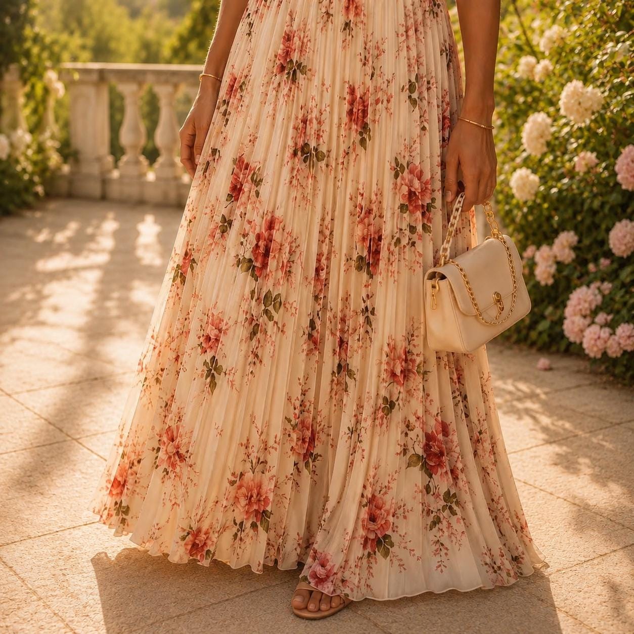 Beige Floral Pleated Midi Dress, Square Neck Ruffle, High Waist Elegant Summer Party Outfit