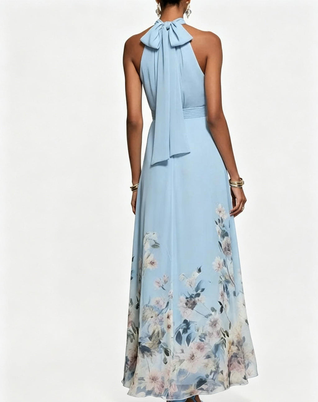 Sky Blue Watercolor Floral Chiffon Maxi Dress – Backless Garden Party Gown