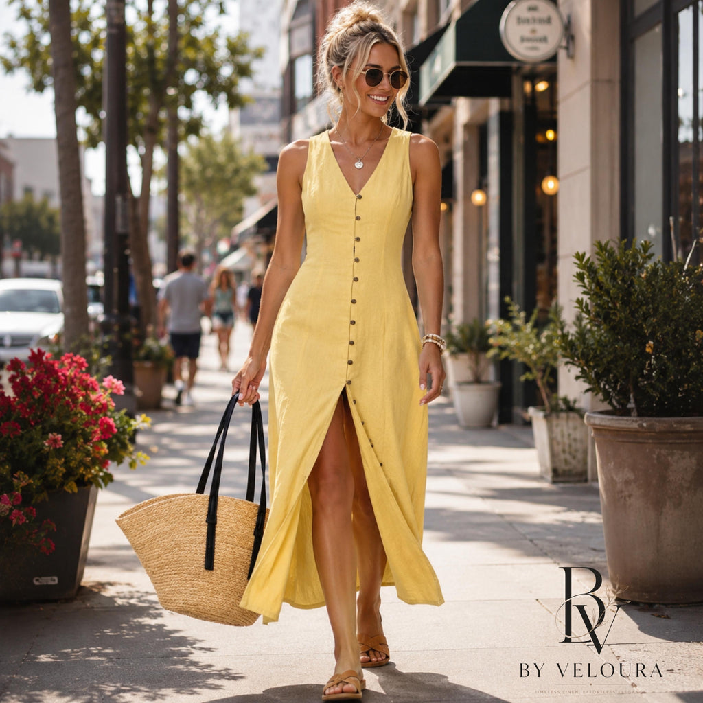 Women's Sleeveless Linen Look Maxi Dress, V Neck Button Front Dress, Summer Casual Beach Dress with Side Slit, Gift