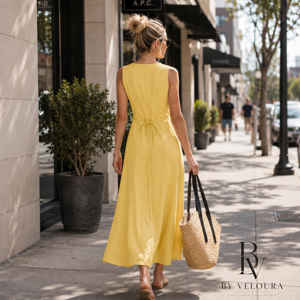 Women's Sleeveless Linen Look Maxi Dress, V Neck Button Front Dress, Summer Casual Beach Dress with Side Slit, Gift