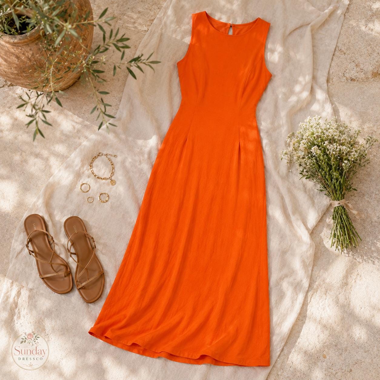 Orange Maxi Dress Sleeveless - Fitted Summer Gown, Women's Clothing, Vacation Wear