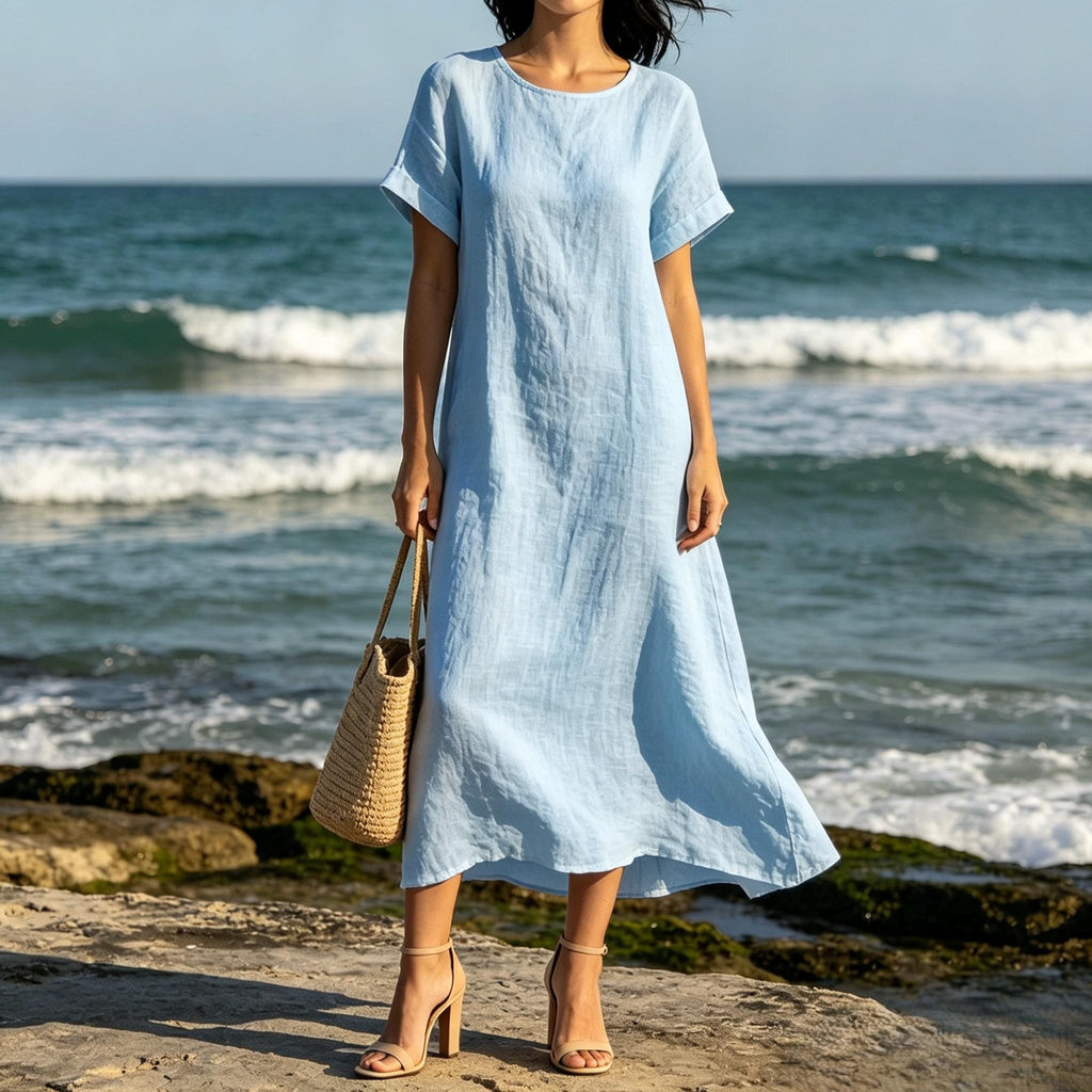 Bohemian White Linen Blend Maxi Dress Loose Fit Short Sleeve Summer Beach Dress With Pockets Relaxed Resort Style Customize Plus Size Dress