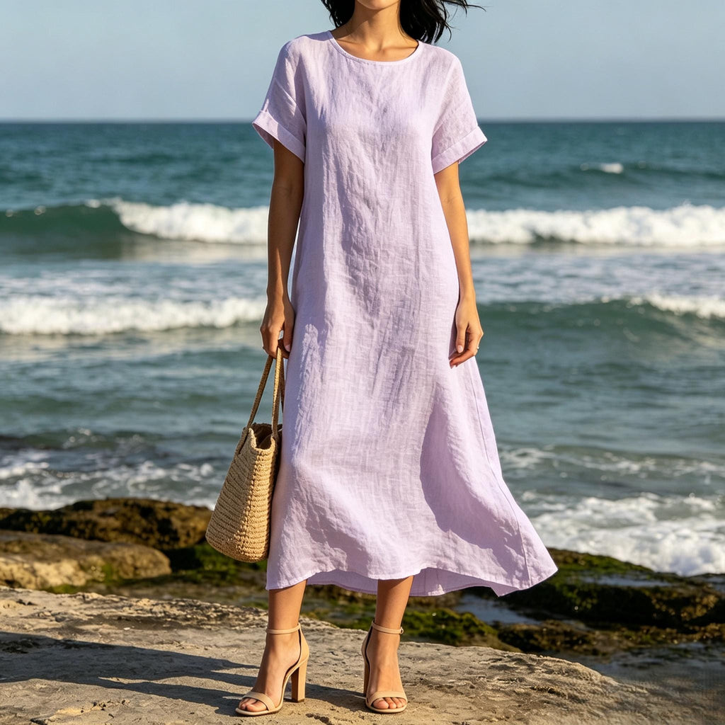 Bohemian White Linen Blend Maxi Dress Loose Fit Short Sleeve Summer Beach Dress With Pockets Relaxed Resort Style Customize Plus Size Dress