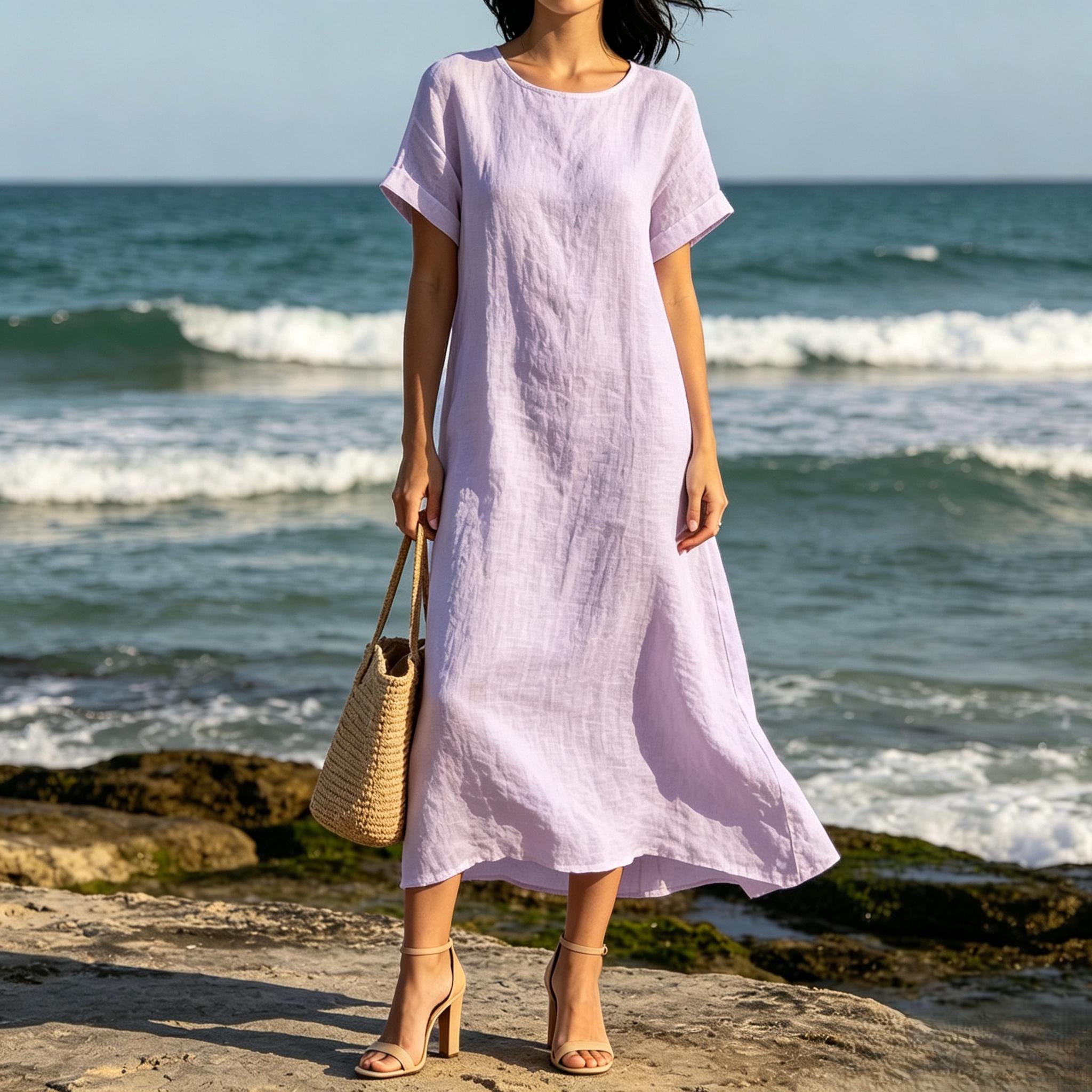 Bohemian White Linen Blend Maxi Dress Loose Fit Short Sleeve Summer Beach Dress With Pockets Relaxed Resort Style Customize Plus Size Dress