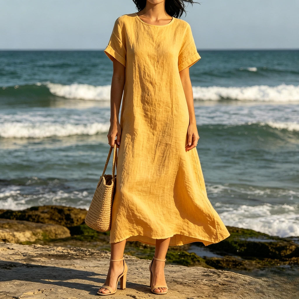 Bohemian White Linen Blend Maxi Dress Loose Fit Short Sleeve Summer Beach Dress With Pockets Relaxed Resort Style Customize Plus Size Dress
