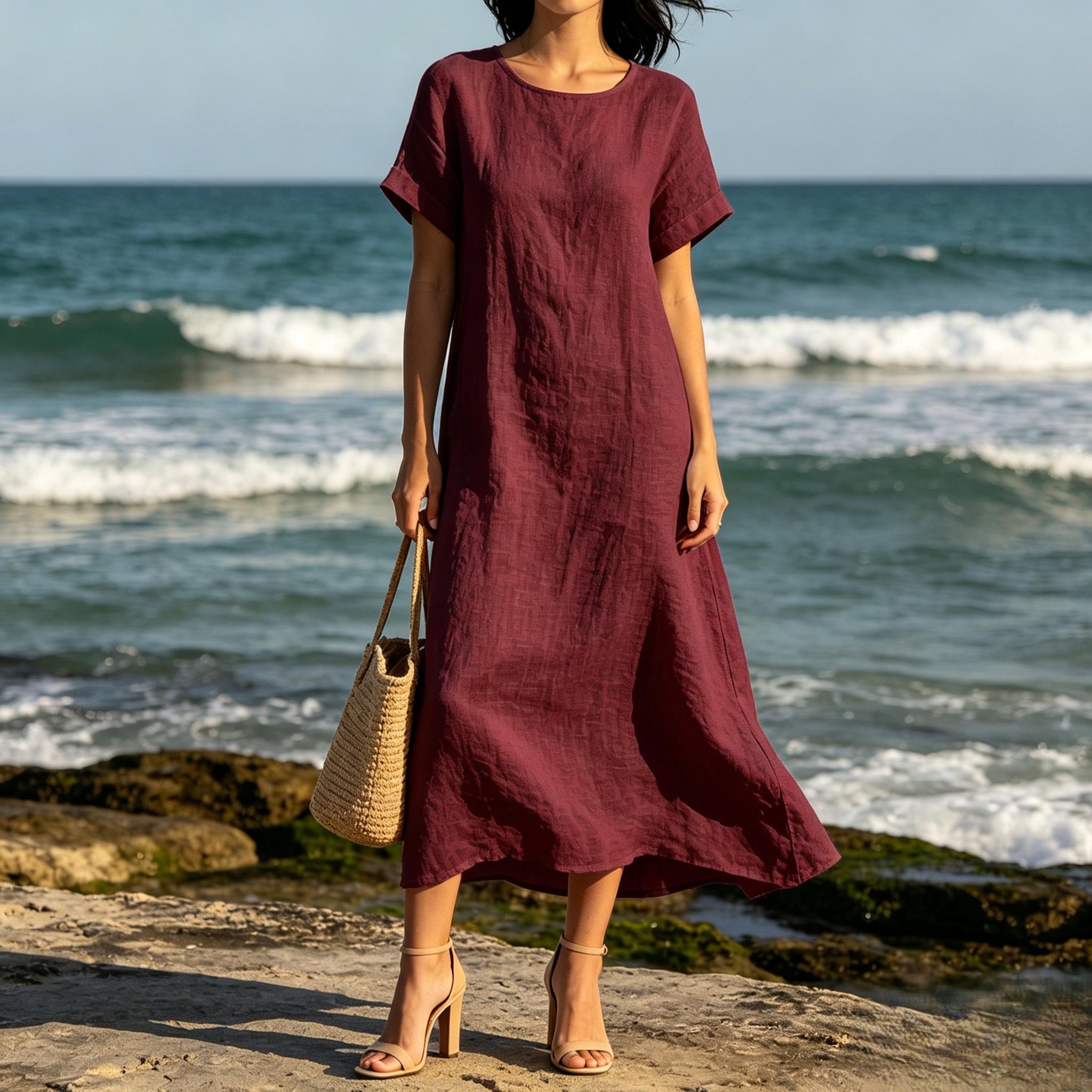 Bohemian White Linen Blend Maxi Dress Loose Fit Short Sleeve Summer Beach Dress With Pockets Relaxed Resort Style Customize Plus Size Dress