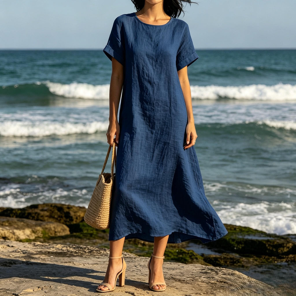 Bohemian White Linen Blend Maxi Dress Loose Fit Short Sleeve Summer Beach Dress With Pockets Relaxed Resort Style Customize Plus Size Dress