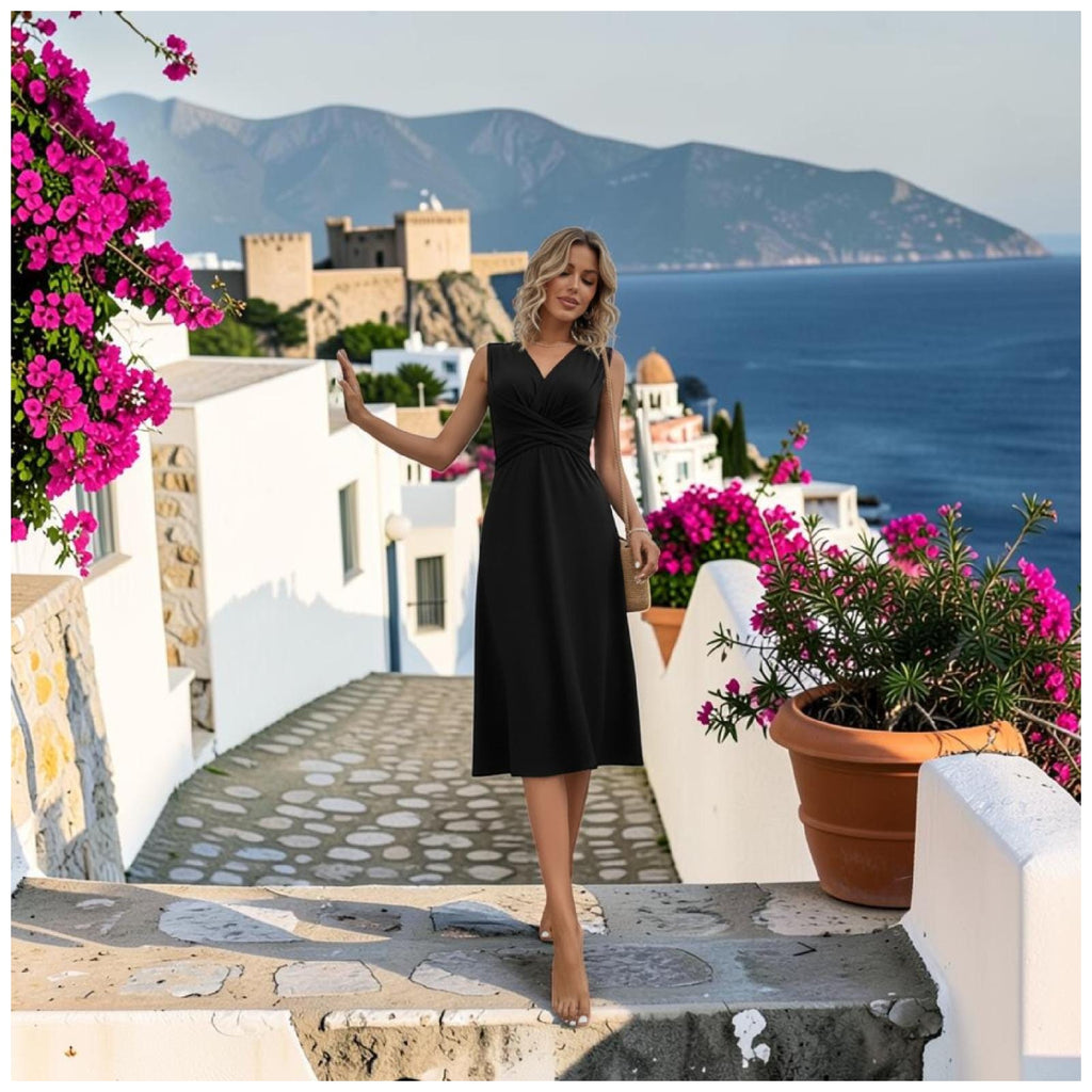 Elegant V Neck Sleeveless Midi Dress, High Waist Summer A Line Cocktail Party Skirt
