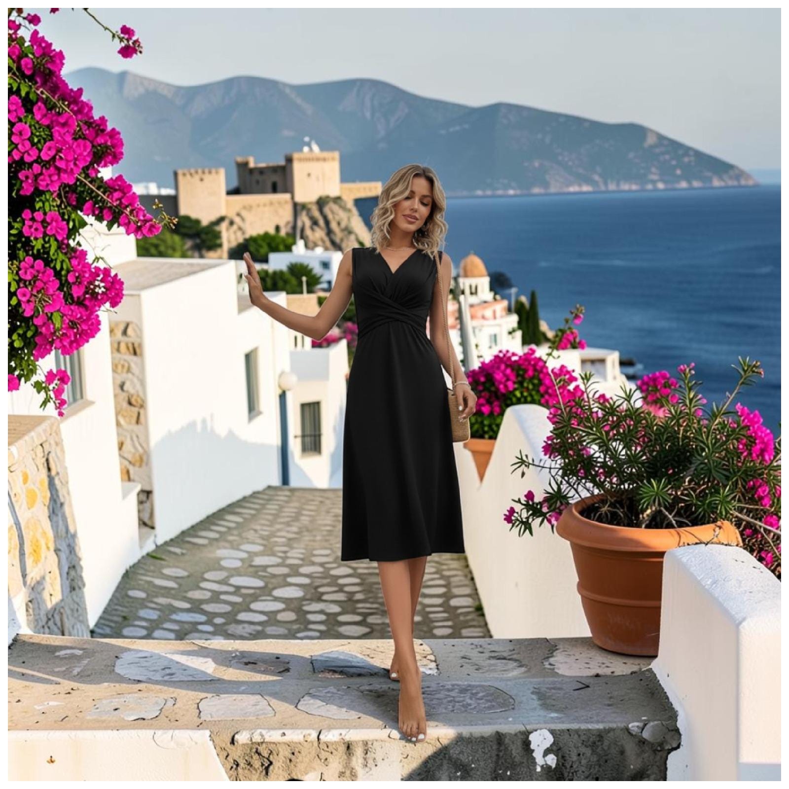 Elegant V Neck Sleeveless Midi Dress, High Waist Summer A Line Cocktail Party Skirt