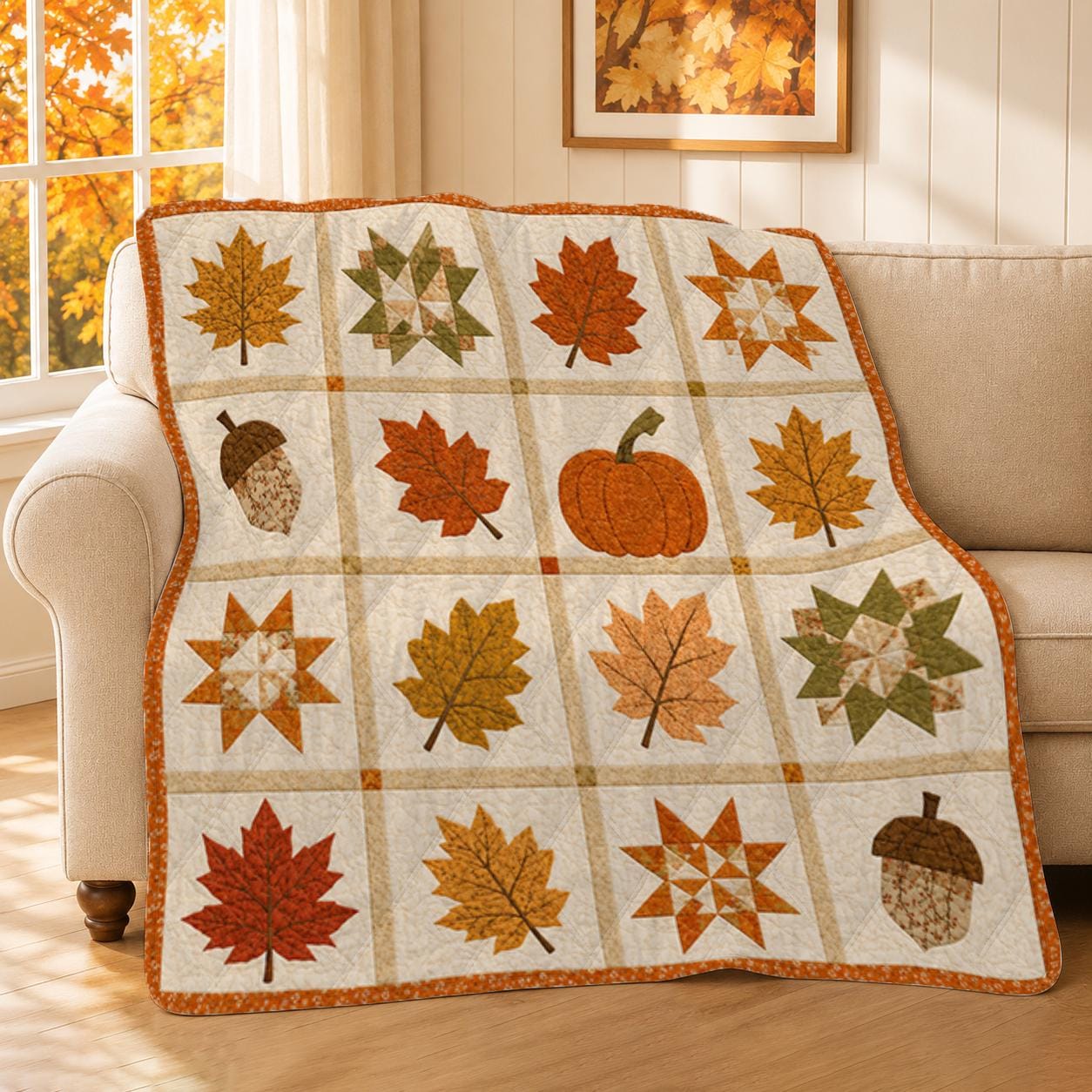 Autumn Leaf Patchwork Quilt Blanket, Cozy Seasonal Bed Cover Home Decor