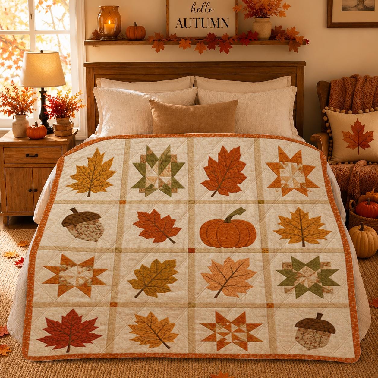 Autumn Leaf Patchwork Quilt Blanket, Cozy Seasonal Bed Cover Home Decor