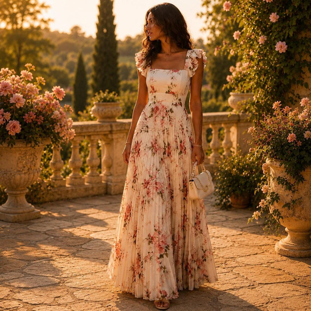 Beige Floral Pleated Midi Dress, Square Neck Ruffle, High Waist Elegant Summer Party Outfit