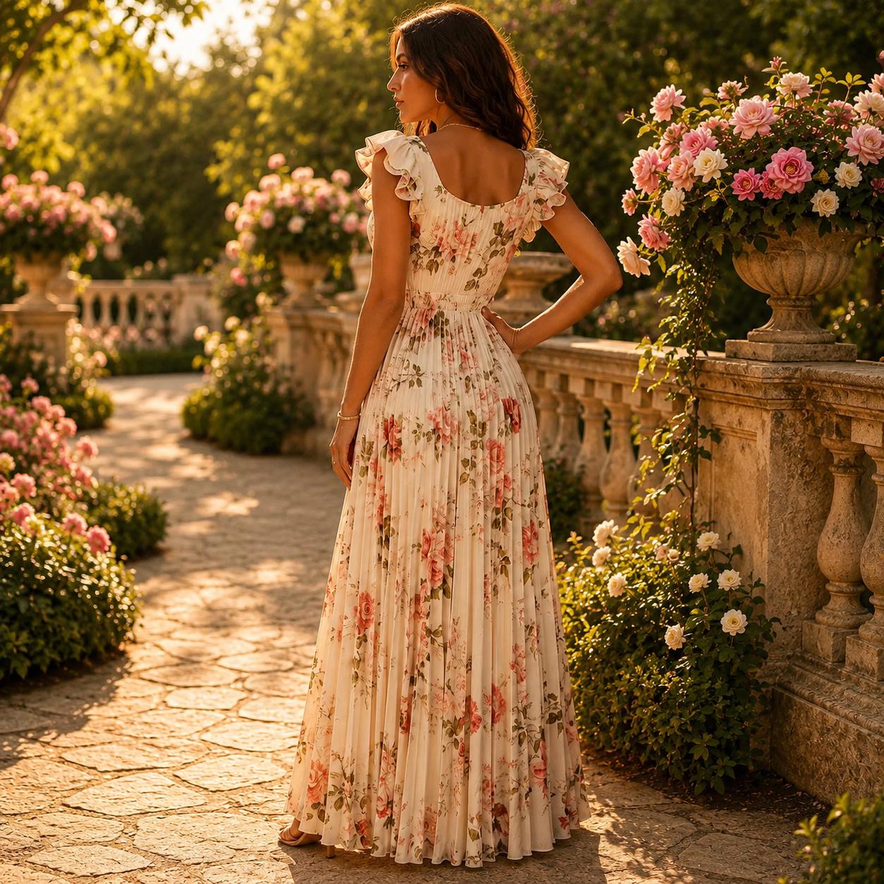 Beige Floral Pleated Midi Dress, Square Neck Ruffle, High Waist Elegant Summer Party Outfit