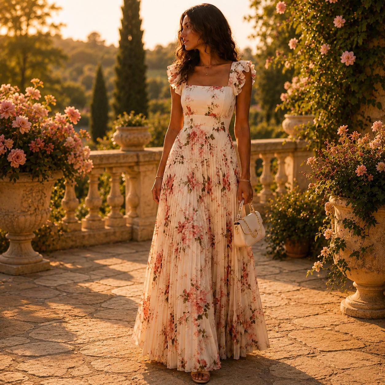 Beige Floral Pleated Midi Dress, Square Neck Ruffle, High Waist Elegant Summer Party Outfit