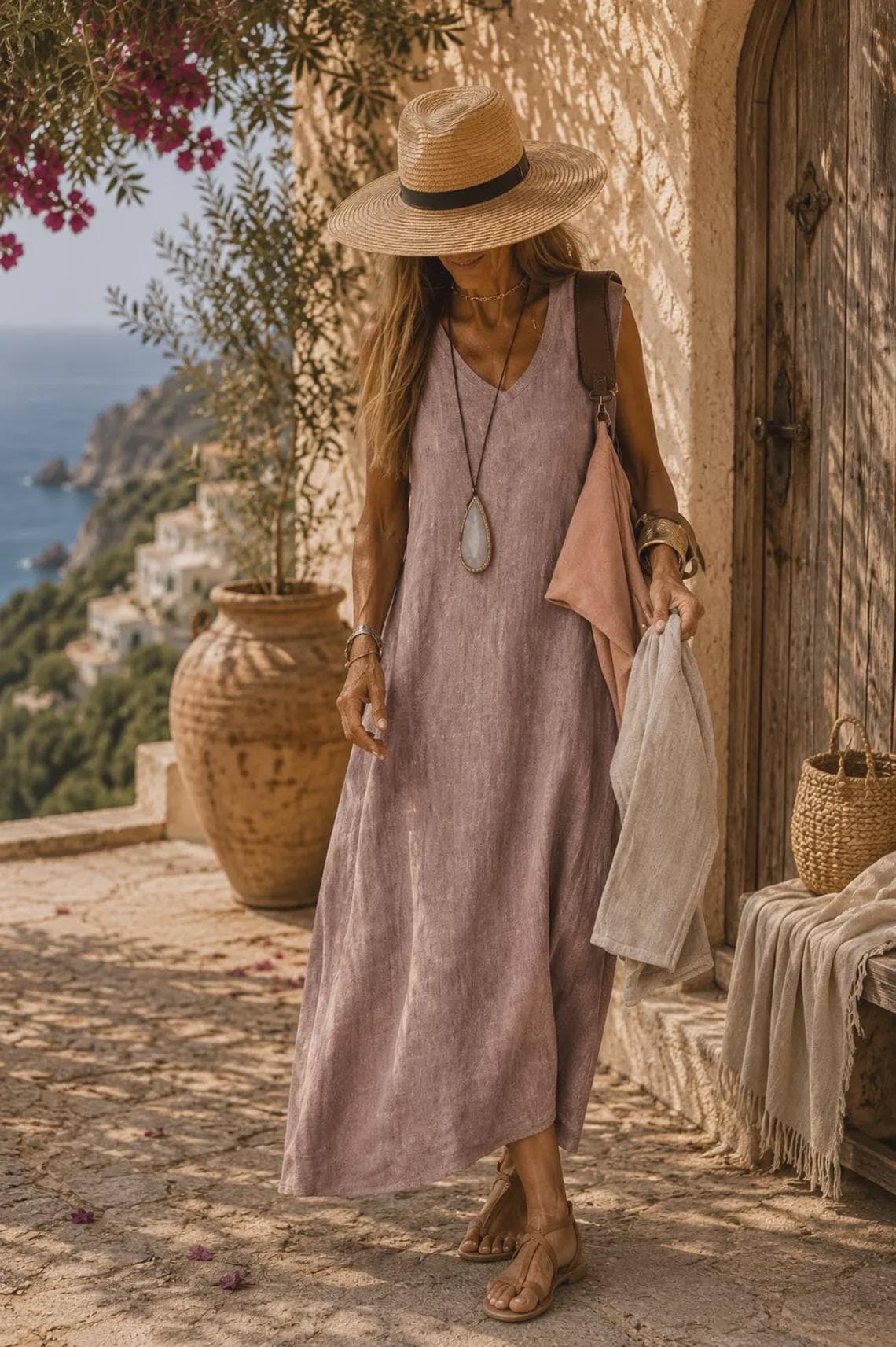 Flowy Linen V-Neck Sleeveless Maxi Dress – Boho Chic Summer Vacation Apparel