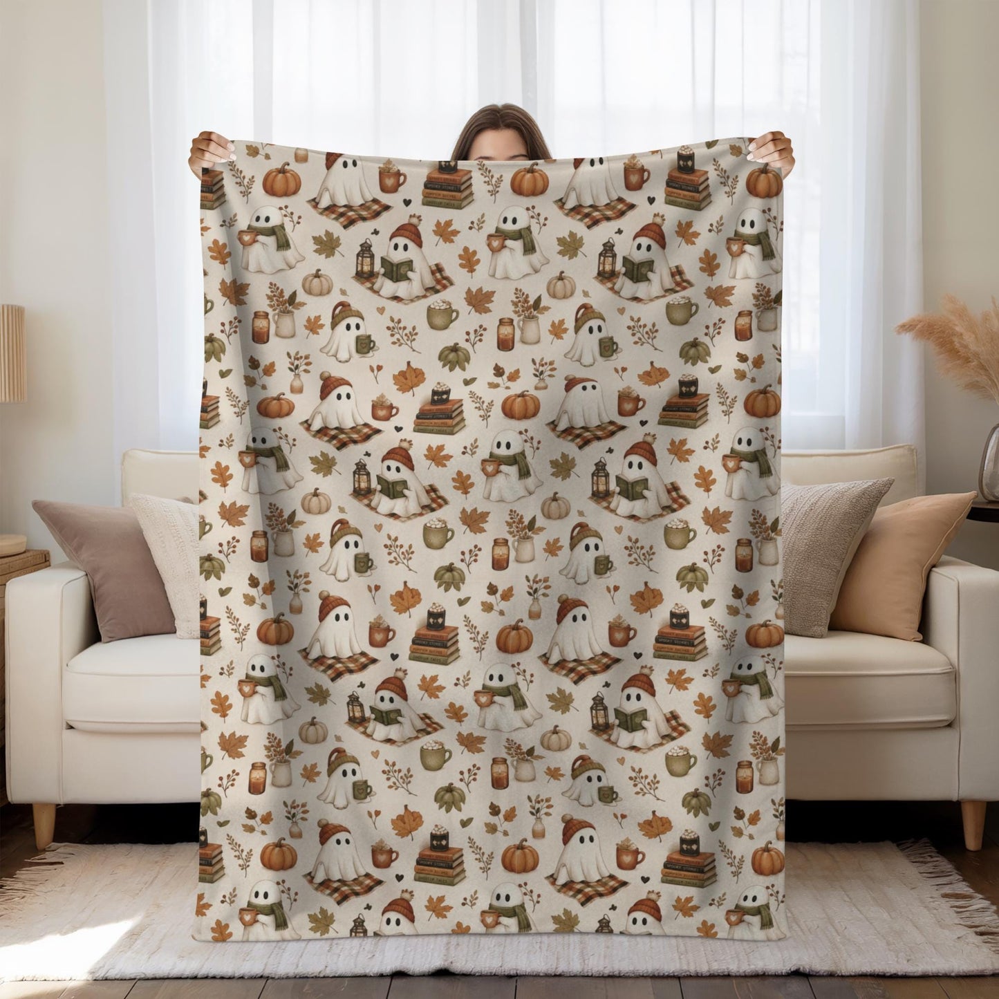 Cozy Ghost Reading Blanket, Cute Fall Ghost Throw Blanket, Halloween Cottagecore Blanket, Autumn Book Lover Gift, Pumpkin Reading Blanket