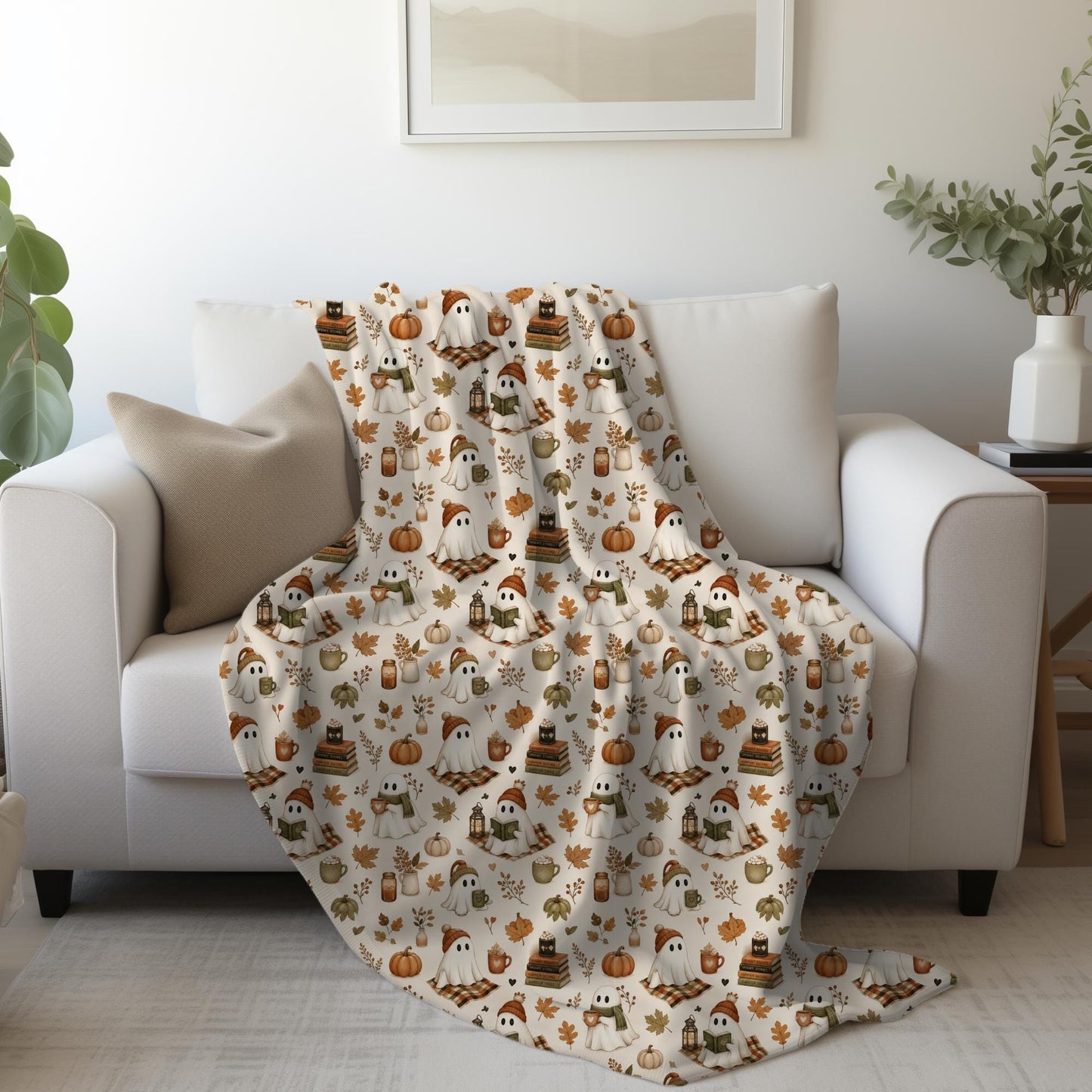 Cozy Ghost Reading Blanket, Cute Fall Ghost Throw Blanket, Halloween Cottagecore Blanket, Autumn Book Lover Gift, Pumpkin Reading Blanket