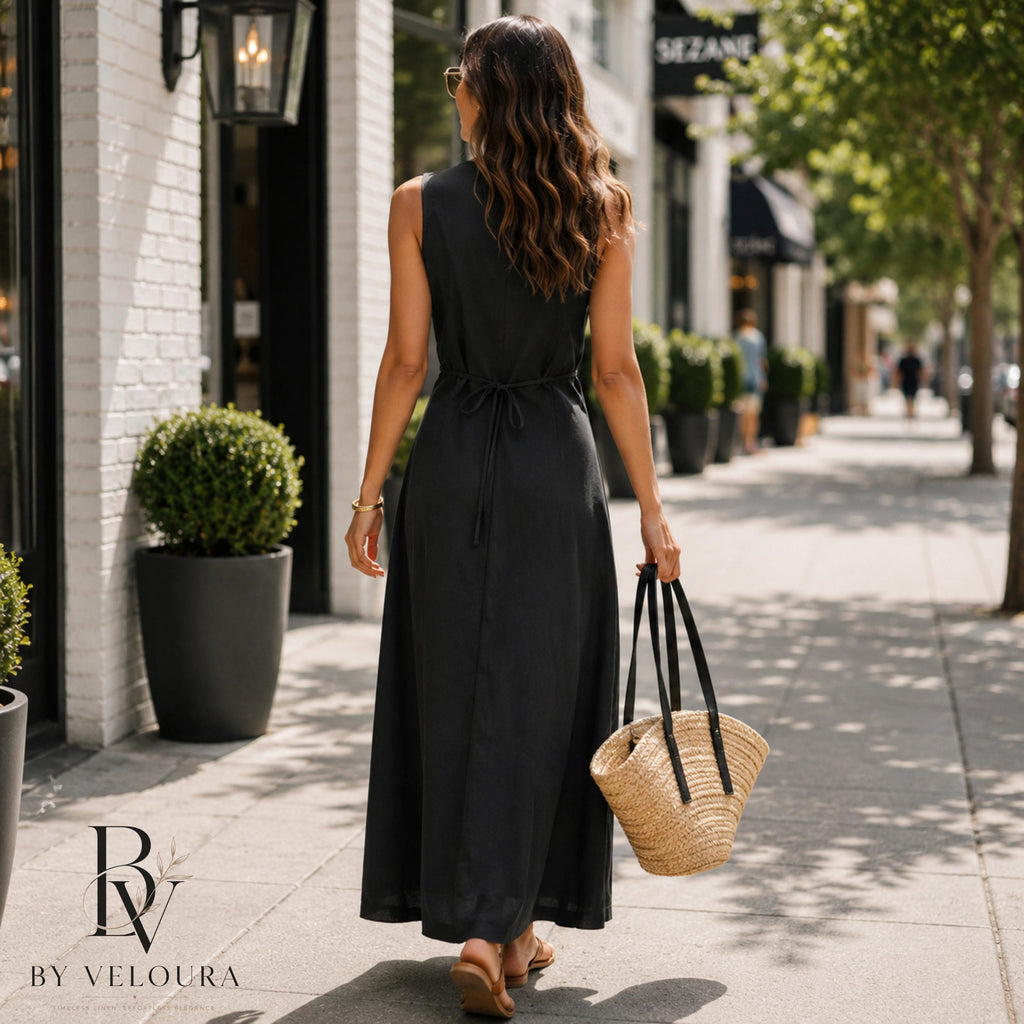 Women's Sleeveless Linen Look Maxi Dress, V Neck Button Front Dress, Summer Casual Beach Dress with Side Slit, Gift