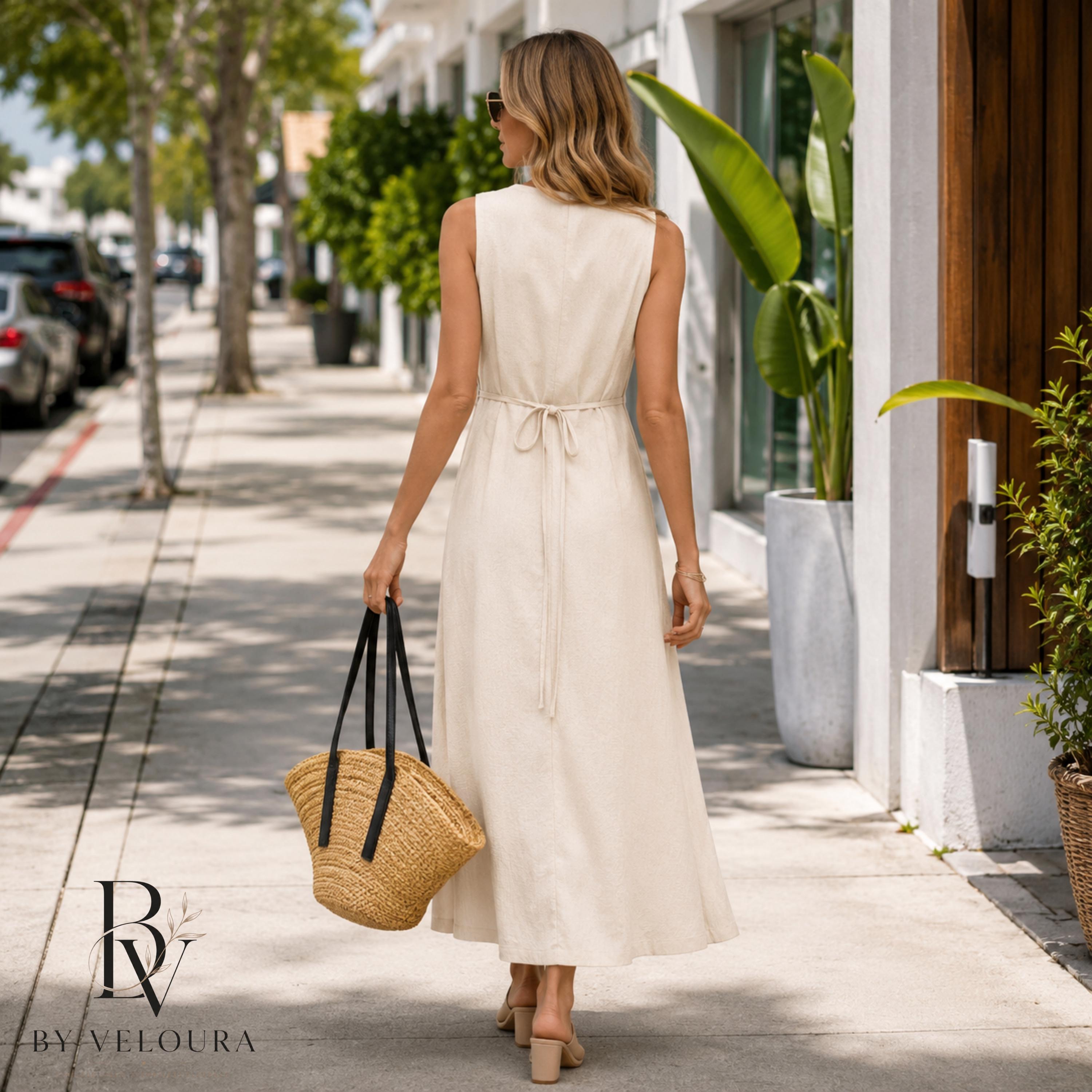 Women's Sleeveless Linen Look Maxi Dress, V Neck Button Front Dress, Summer Casual Beach Dress with Side Slit, Gift