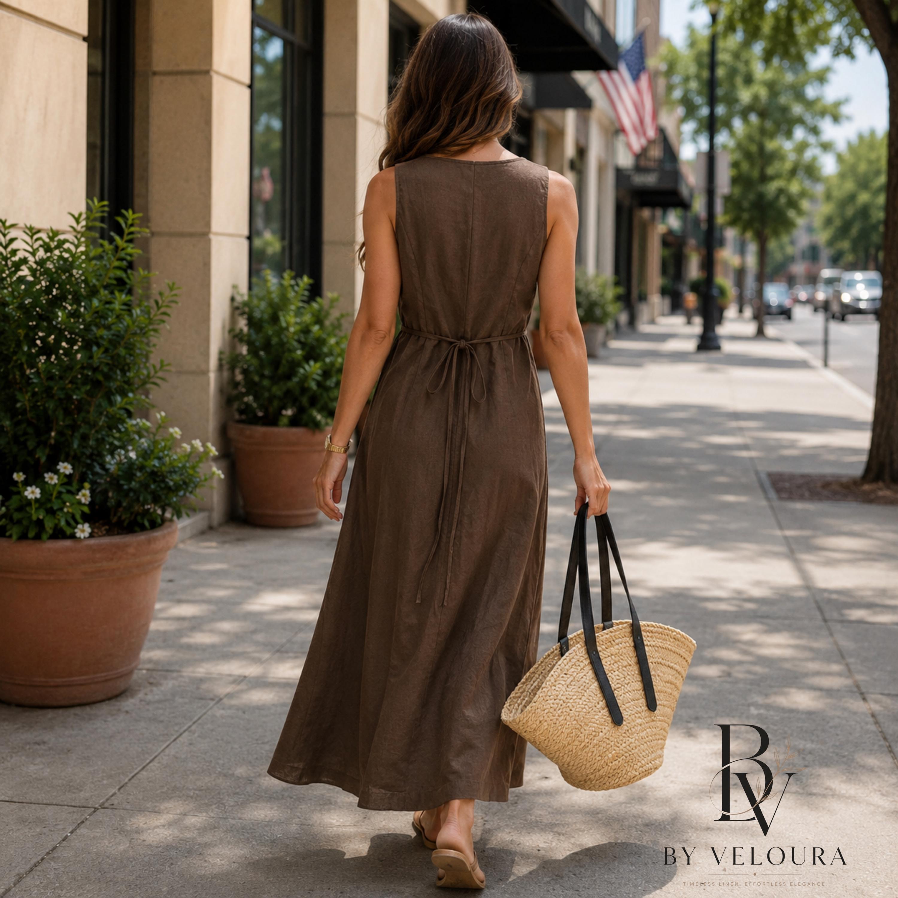 Women's Sleeveless Linen Look Maxi Dress, V Neck Button Front Dress, Summer Casual Beach Dress with Side Slit, Gift