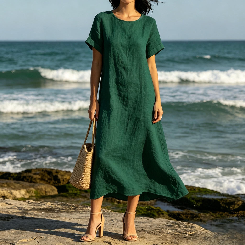 Bohemian White Linen Blend Maxi Dress Loose Fit Short Sleeve Summer Beach Dress With Pockets Relaxed Resort Style Customize Plus Size Dress