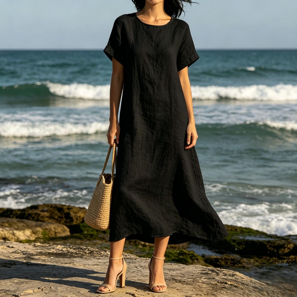 Bohemian White Linen Blend Maxi Dress Loose Fit Short Sleeve Summer Beach Dress With Pockets Relaxed Resort Style Customize Plus Size Dress