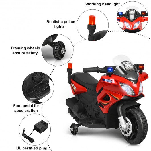 6V Kids 4-Wheel Ride On Police Motorcycle with Training Wheels-Red