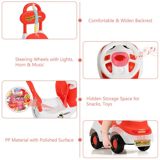 3-in-1 Baby Walker Sliding Pushing Car w/ Sound-Orange