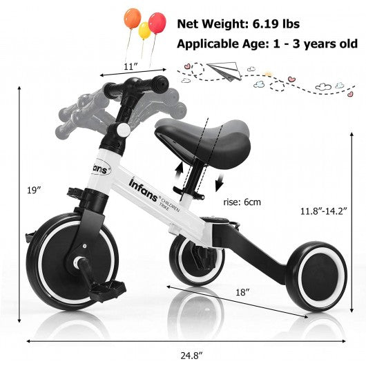 3 in 1 3 Wheel Kids Tricycles with Adjustable Seat & Handlebarfor Ages 1-3-White