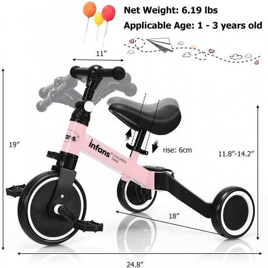 3 in 1 3 Wheel Kids Tricycles with Adjustable Seat & Handlebarfor Ages 1-3-Pink