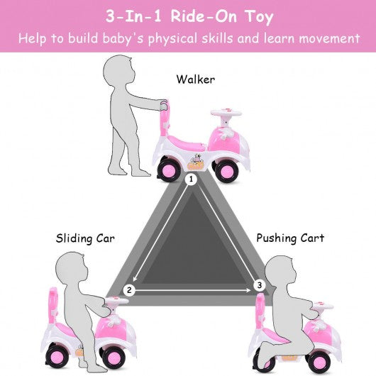 3-in-1 Toddlers Sliding Pushing Cart Riding Car w/ Sound-Pink