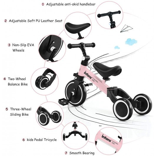 3 in 1 3 Wheel Kids Tricycles with Adjustable Seat & Handlebarfor Ages 1-3-Pink