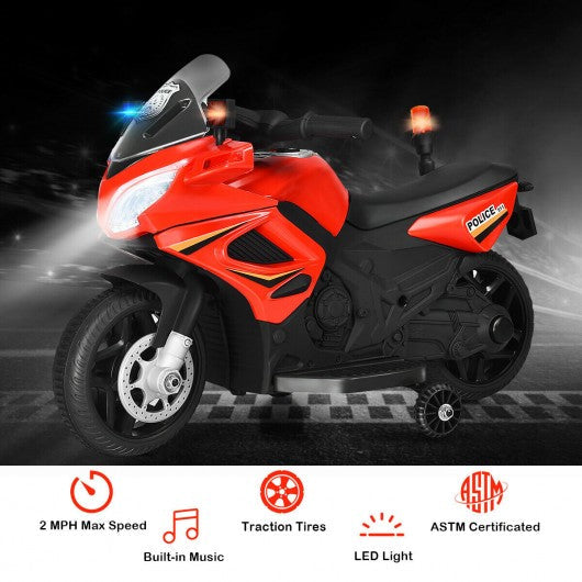 6V Kids 4-Wheel Ride On Police Motorcycle with Training Wheels-Red