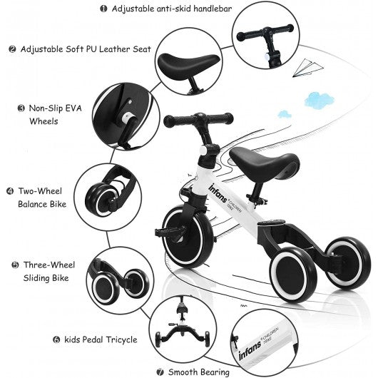 3 in 1 3 Wheel Kids Tricycles with Adjustable Seat & Handlebarfor Ages 1-3-White