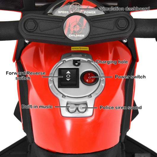 6V Kids 4-Wheel Ride On Police Motorcycle with Training Wheels-Red