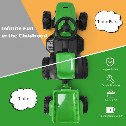 6V Electric Kids Ride On Tractor 6 Wheels Car Toy with Trailer-Green